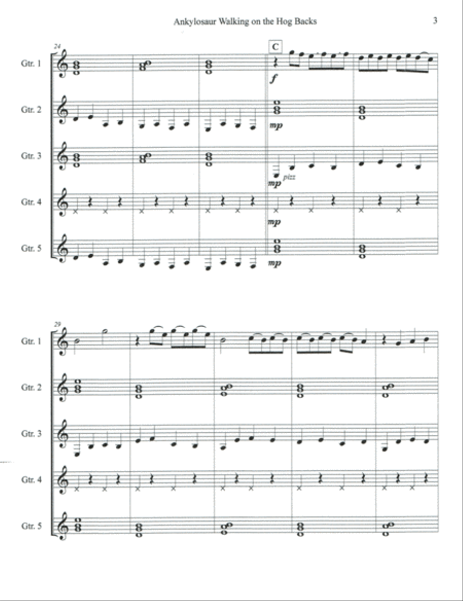 Ankylosaur Walking on the Hog Backs Guitar Ensemble scores gallery preview page 4