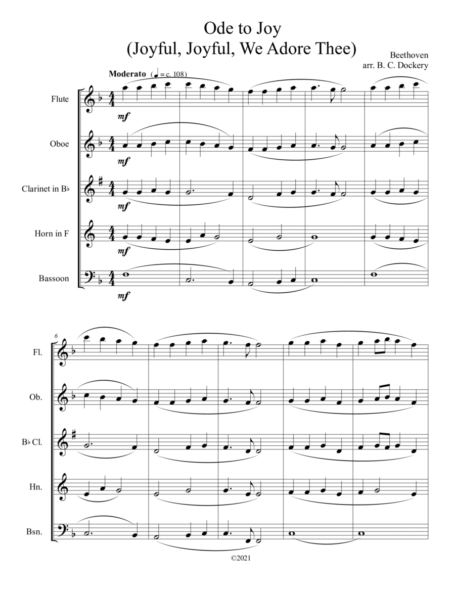 Ode to Joy (Joyful, Joyful, We Adore Thee) for Woodwind Quintet image number null