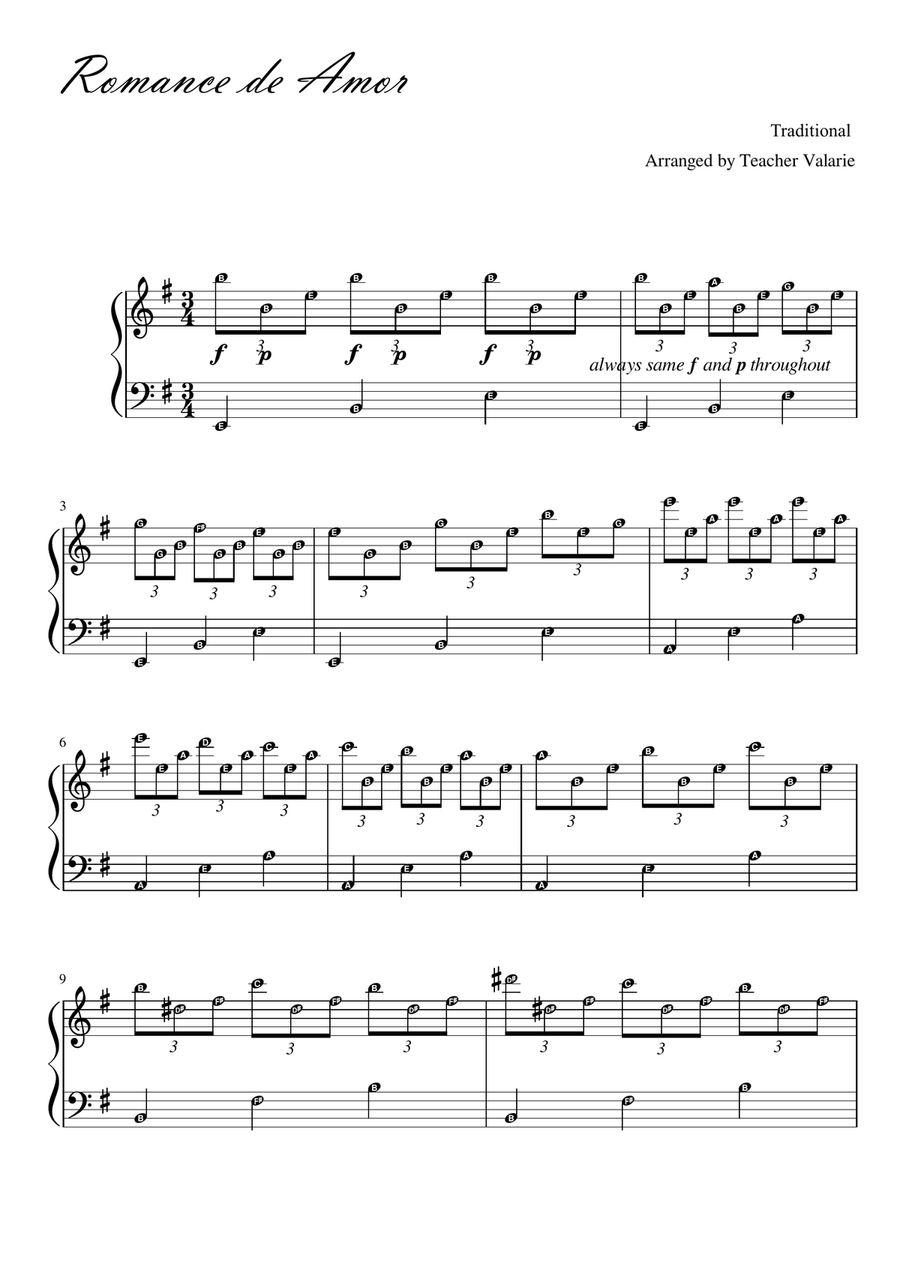 Romance De Amor - Piano Solo (with note names) Piano, Vocal scores gallery preview page 1