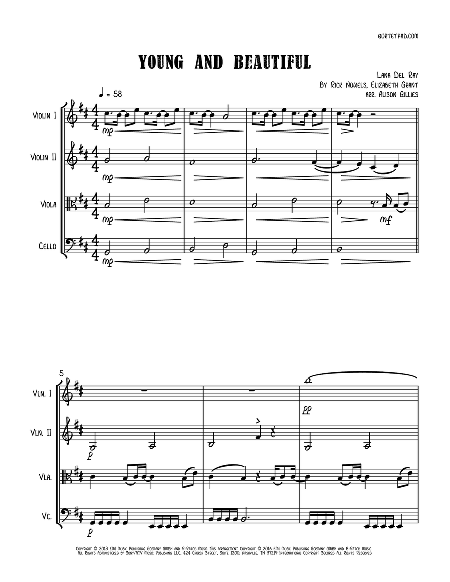 Young And Beautiful String Quartet scores gallery preview page 1