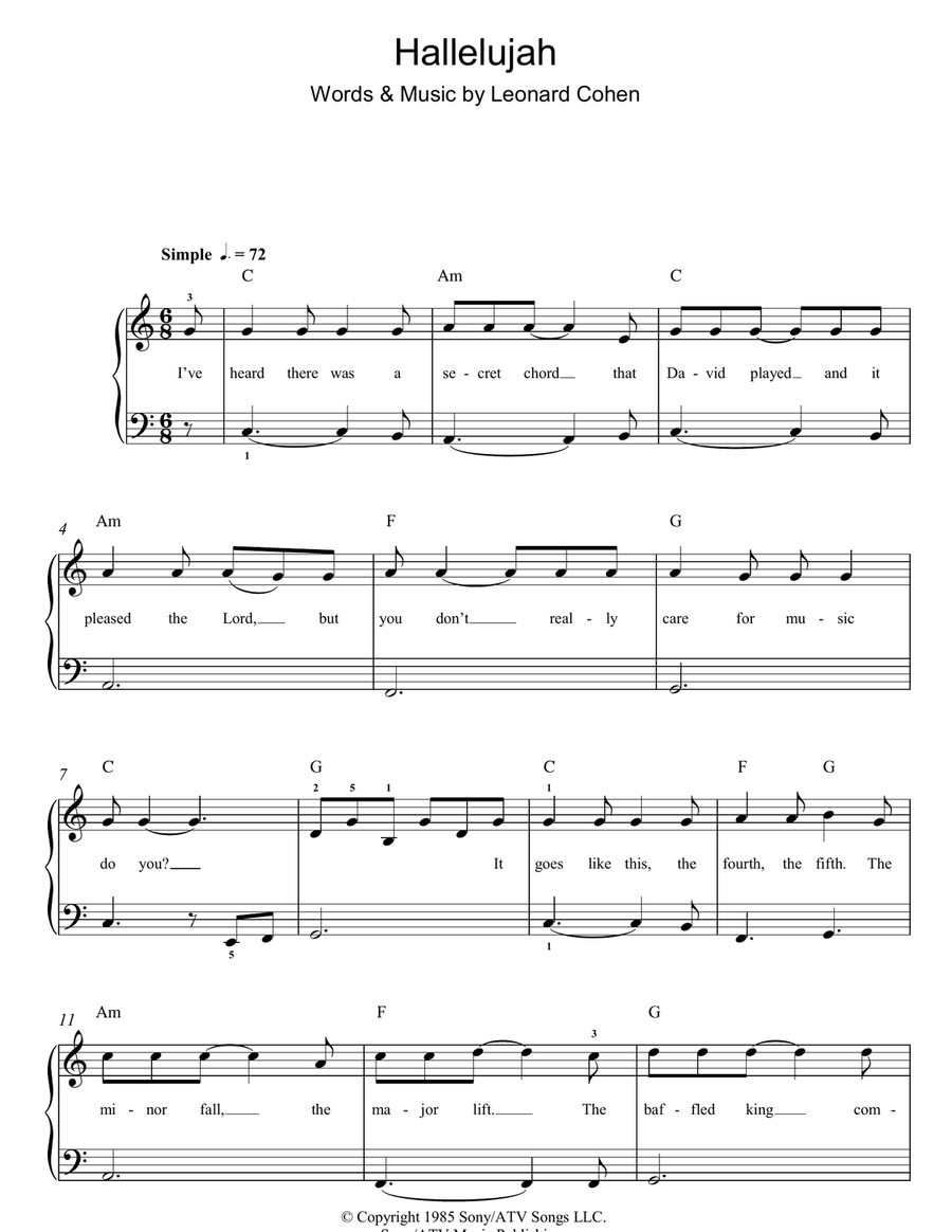 Hallelujah Easy Piano scores gallery preview page 1