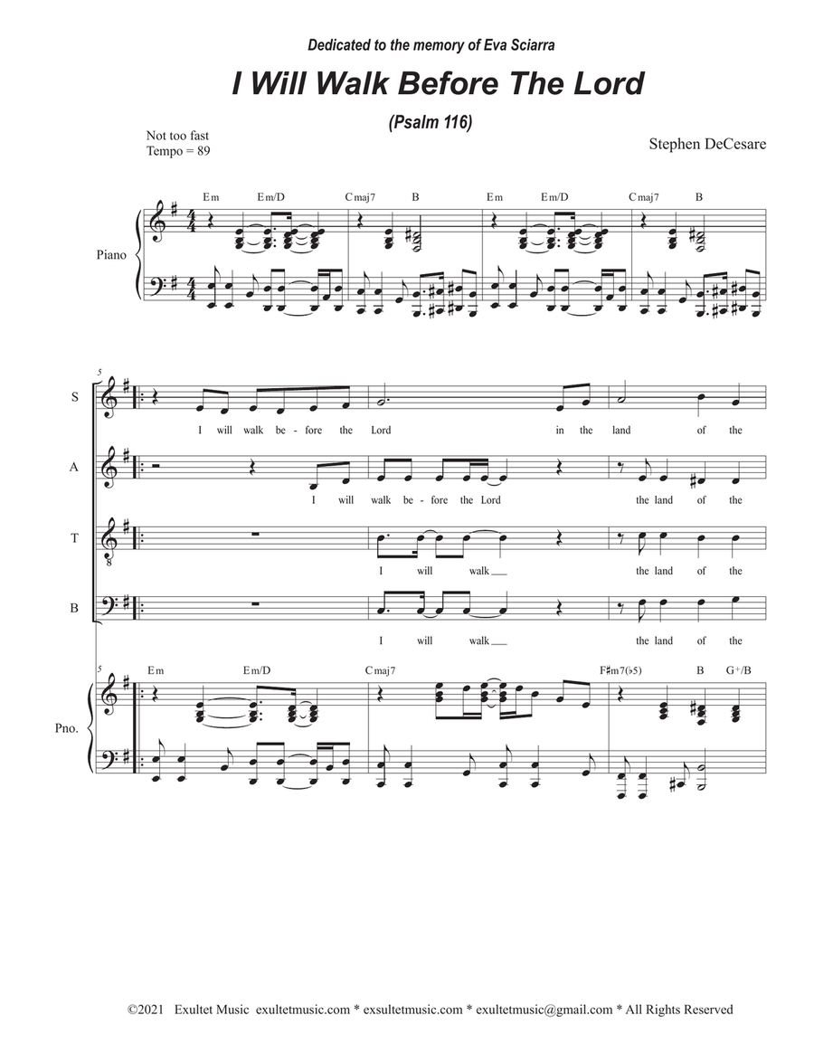 I Will Walk Before The Lord (Psalm 116) (Vocal Quartet - (SATB) 4-Part scores gallery preview page 1