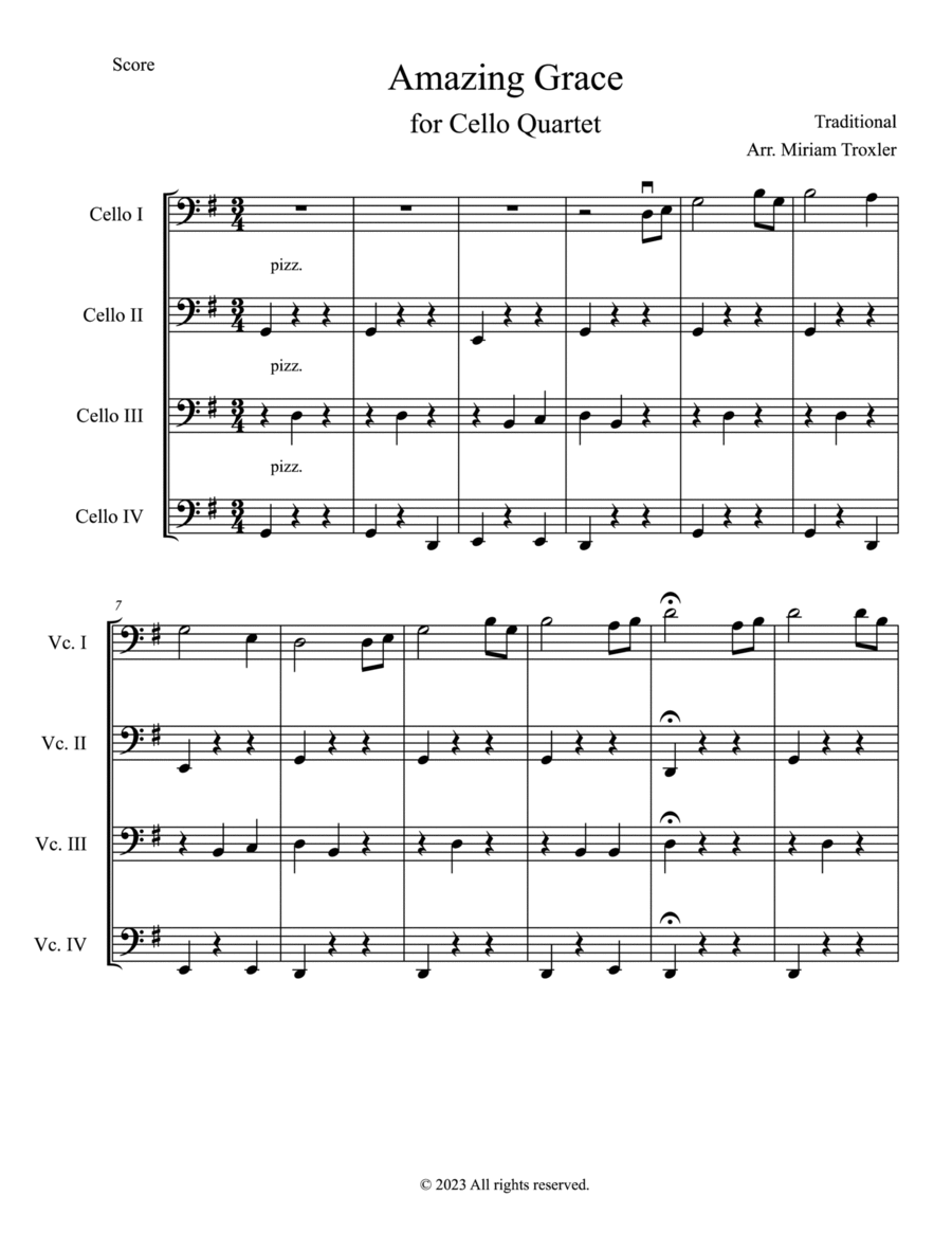 Amazing Grace for Cello Quartet Cello scores gallery preview page 1