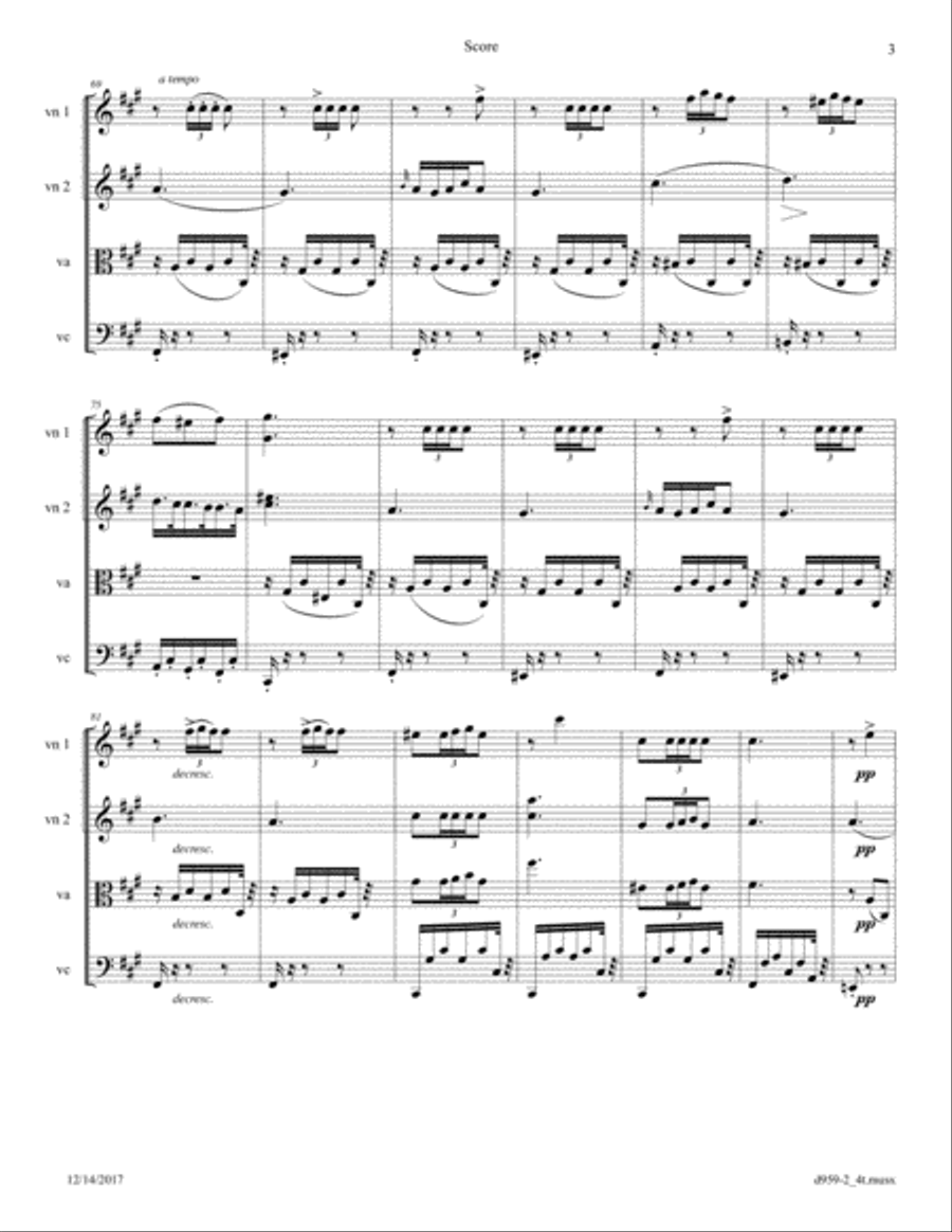 Schubert: Piano Sonata D 959, 2nd Movement arr. for String Quartet String Quartet scores gallery preview page 3