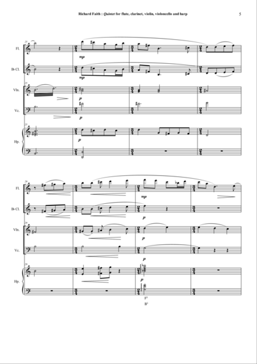 Richard Faith : Quintet for flute, clarinet, violin, violonello and harp, score only Small Ensemble scores gallery preview page 5