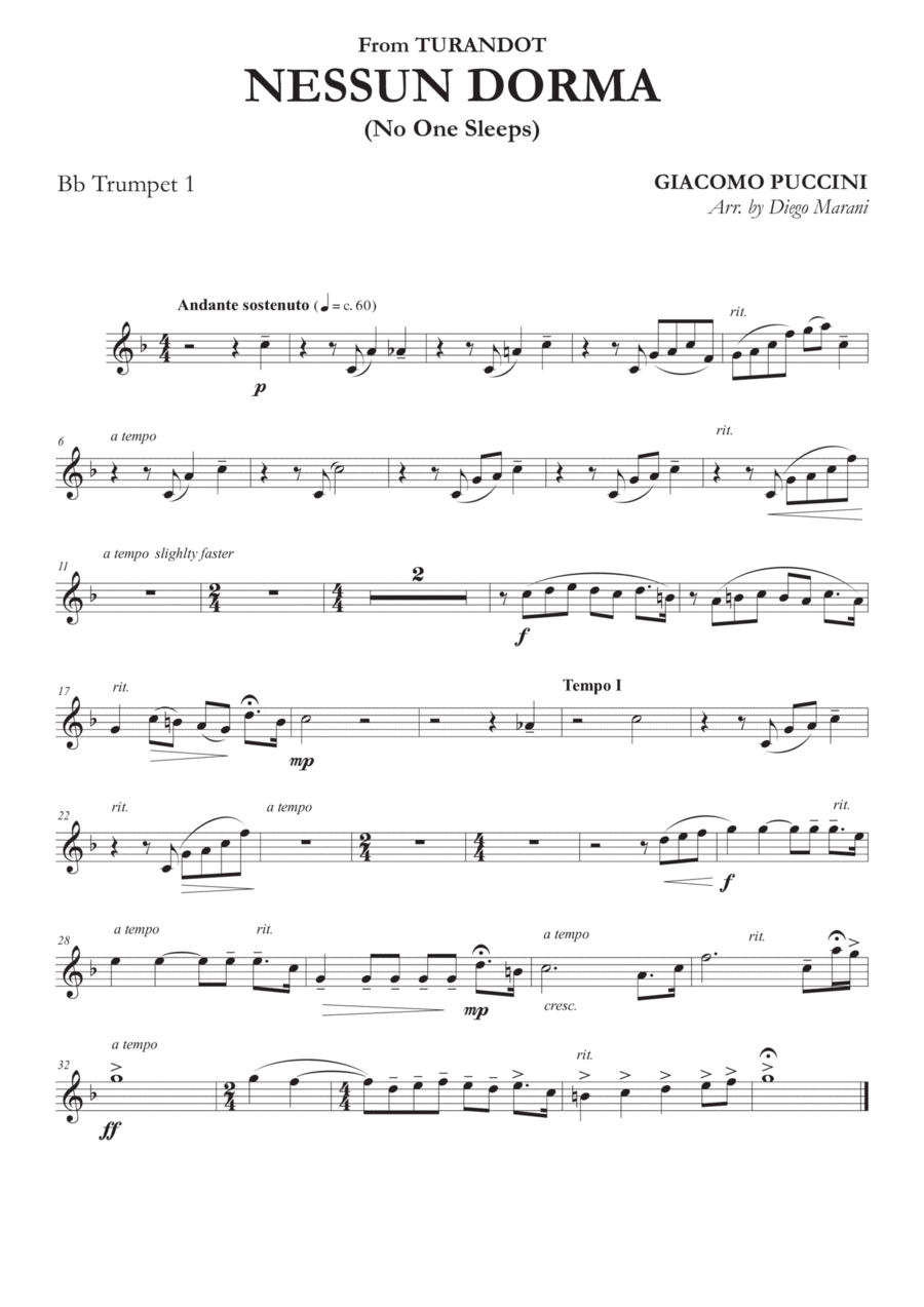 Nessun Dorma for Brass Quintet Brass Quintet scores gallery preview page 1