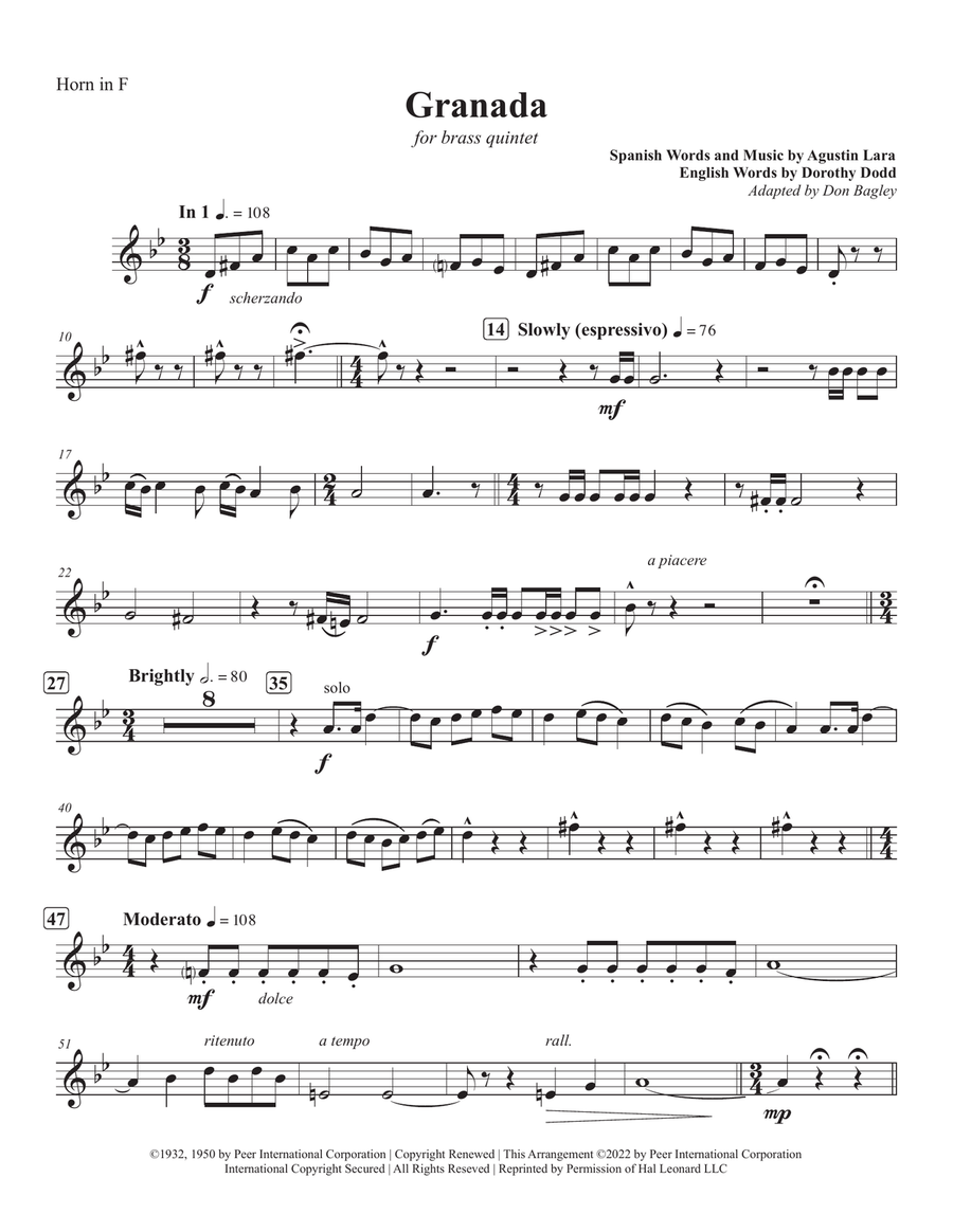 Granada - F Horn Brass Quintet scores gallery preview page 1