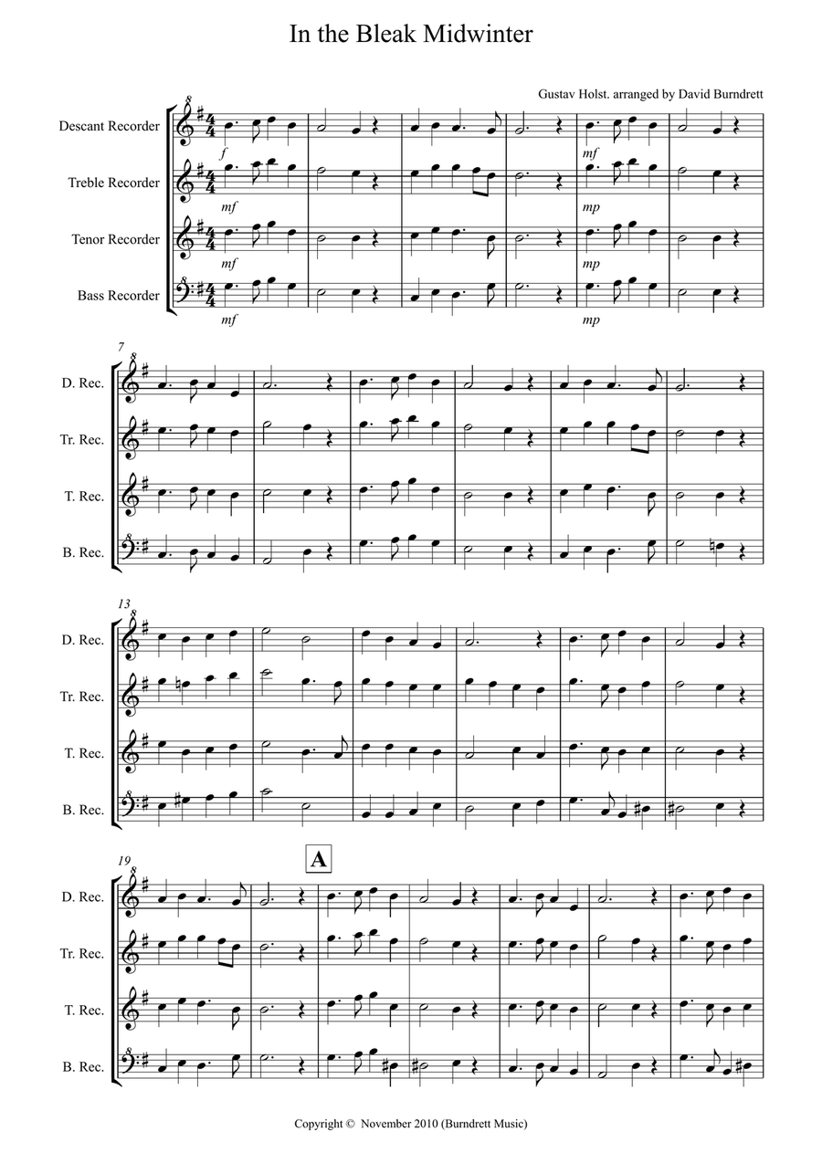In the Bleak Midwinter for Recorder Quartet Recorder scores gallery preview page 1
