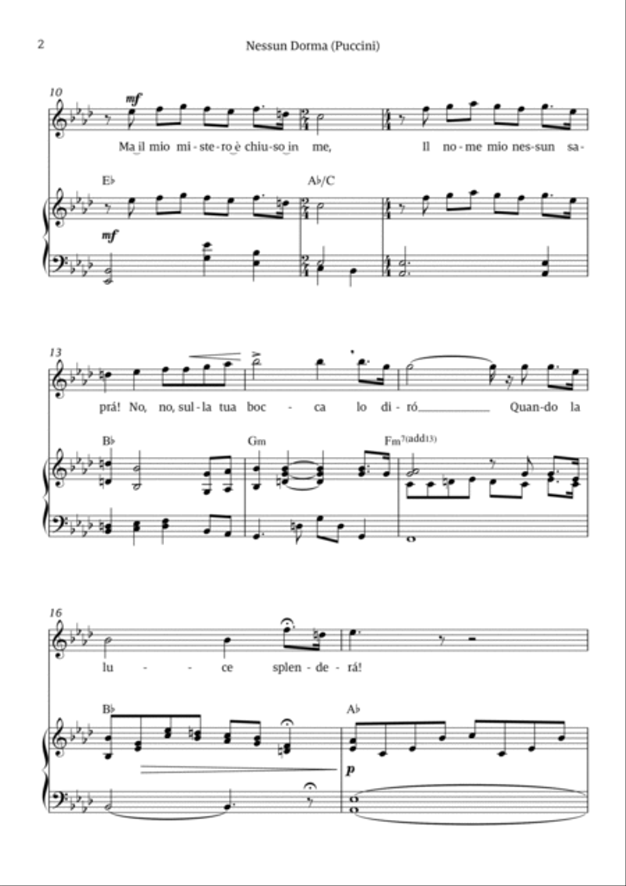 Nessun Dorma (for soprano and piano) Chamber Music scores gallery preview page 2