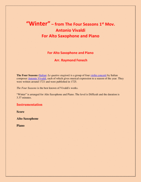 "Winter" from the Four Season 1 st Mov. - Alto Saxophone and Piano image number null