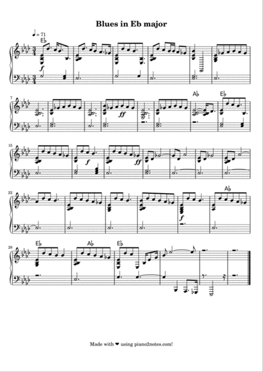 Blues in Eb major Easy Piano scores gallery preview page 1
