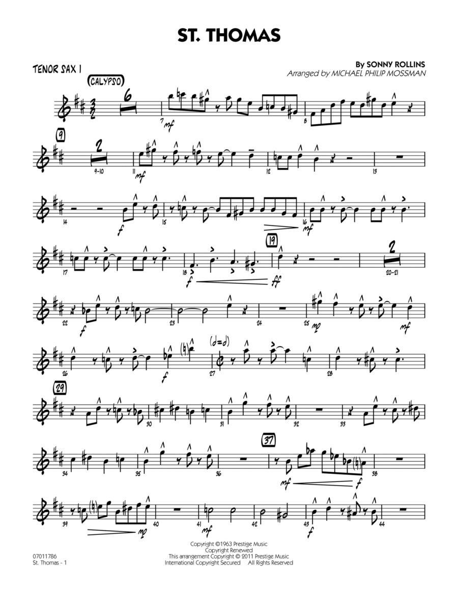 St. Thomas - Tenor Sax 1 Jazz Ensemble scores gallery preview page 1