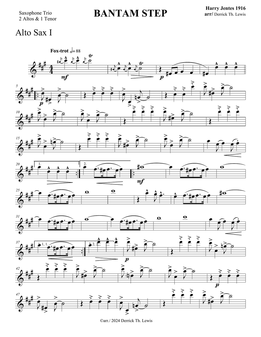 Harry Jentes: Bantam Step (Rag), 1916: for saxophone trio (2 alto, 1 tenor) Woodwind Trio scores gallery preview page 1
