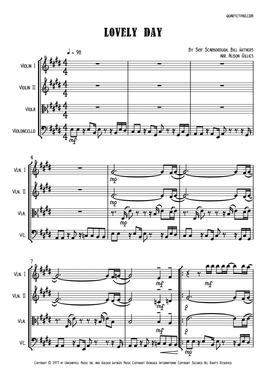 Lovely Day String Quartet scores gallery preview page 1