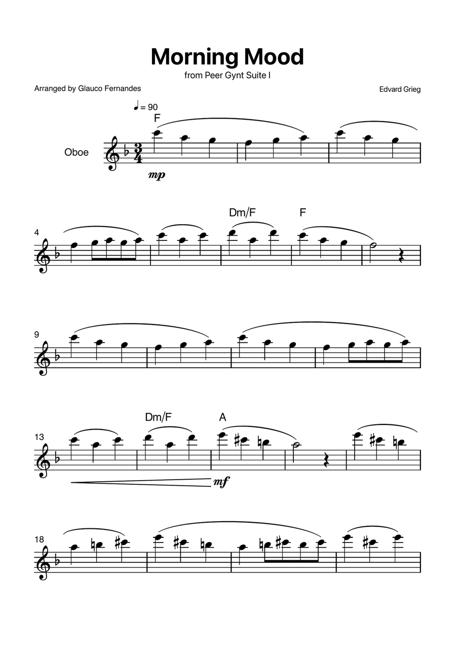 Morning Mood by Grieg for Oboe with Chords Oboe Solo scores gallery preview page 1