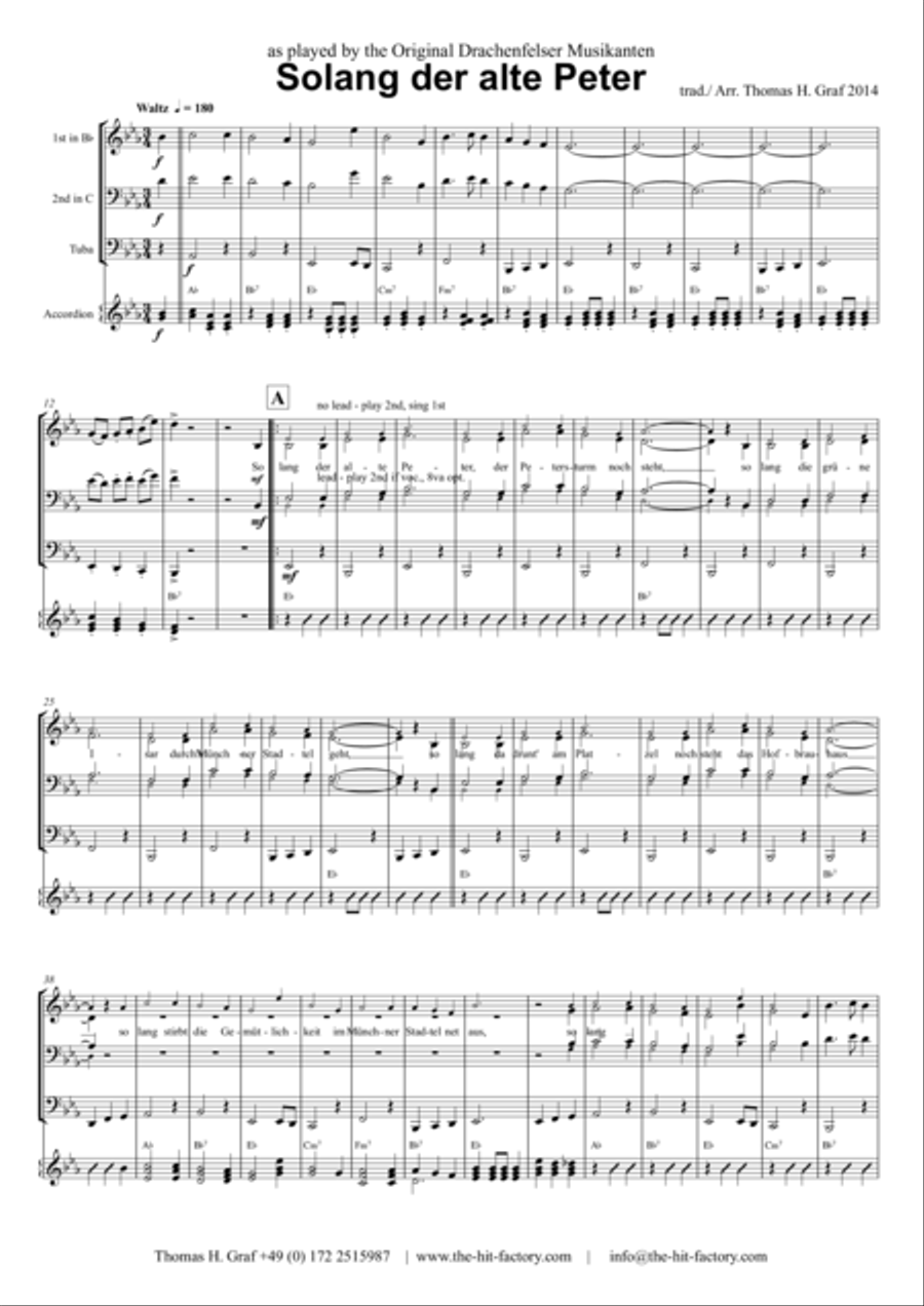 Solang der alte Peter – Oktoberfest – Munich City anthem - Folk Quartet, bavarian style Hymn Anthems scores gallery preview page 1