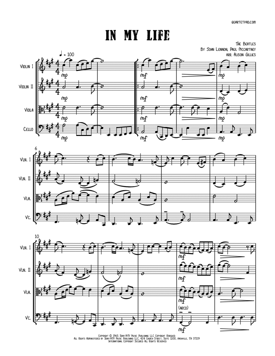 In My Life In My Life String Quartet scores gallery preview page 1