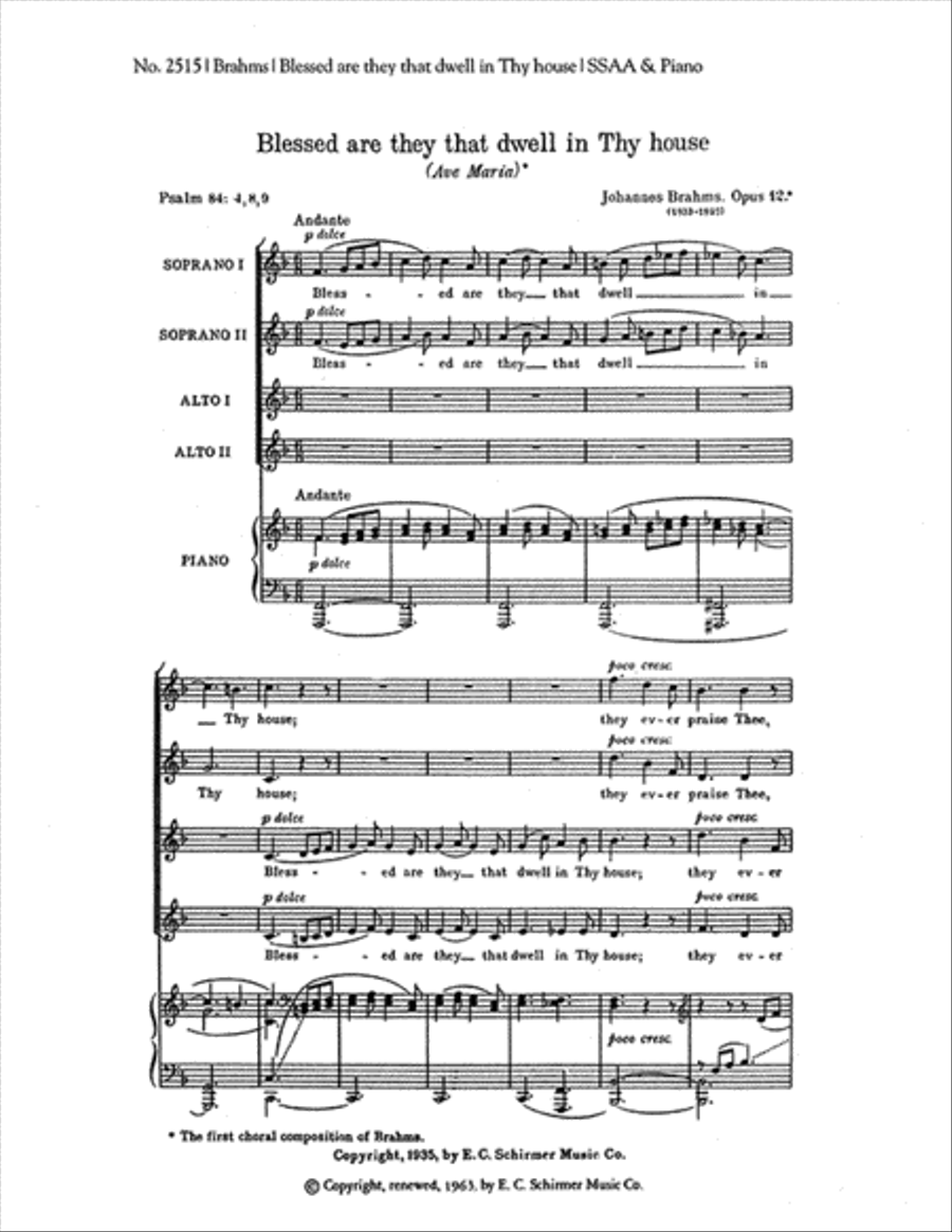 Blessed Are They that Dwell in Thy House, Op. 12 SSAA scores gallery preview page 1