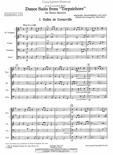 Dance Suite From "Terpsichore" by Michael Praetorius Brass Quintet - Sheet Music