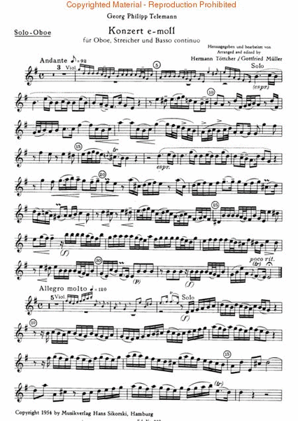 Concerto E Min Ob/Pno Orig For Oboe And Strings