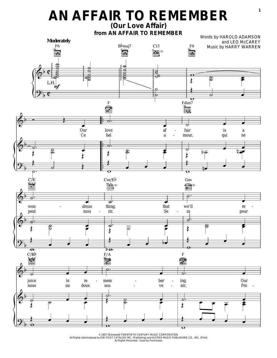 An Affair To Remember (Our Love Affair) Piano, Vocal, Guitar scores gallery preview page 1