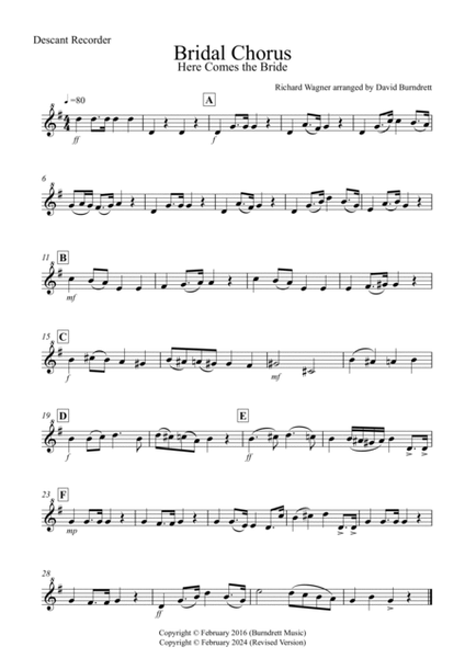 Bridal Chorus "Here Comes The Bride" for Descant and Tenor Recorder Duet image number null