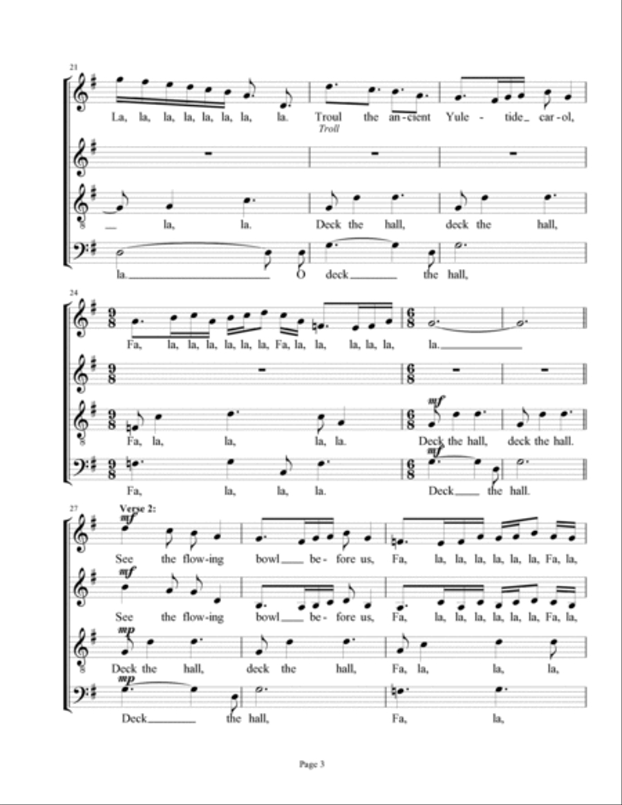 Deck the Hall (secular Christmas air) 4-Part scores gallery preview page 3
