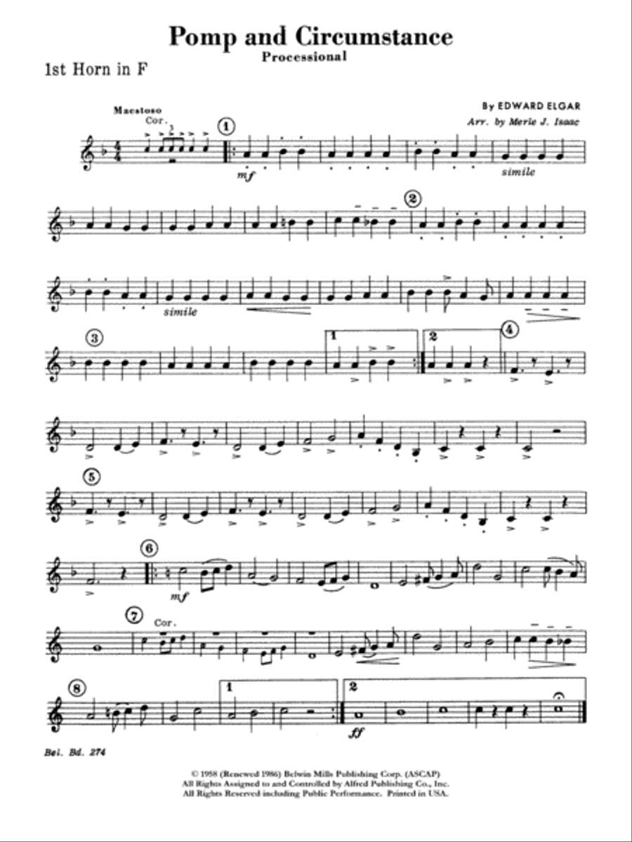 Pomp and Circumstance, Op. 39, No. 1 (Processional): 1st F Horn Concert Band scores gallery preview page 1