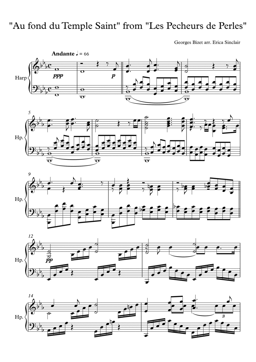 Au Fond du Temple Saint (The Pearlfishers) Harp scores gallery preview page 1