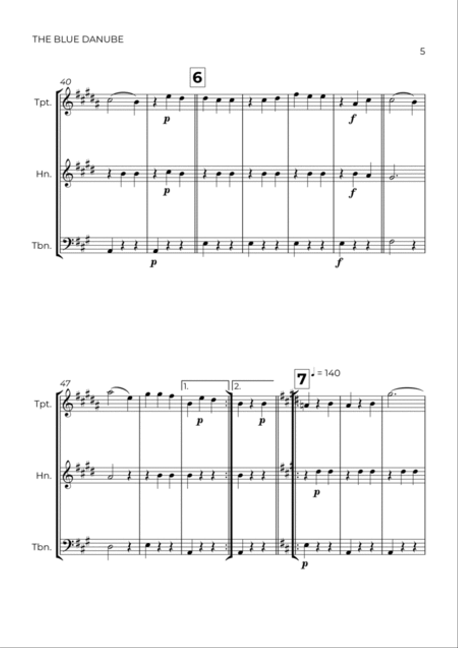 THE BLUE DANUBE - JOHANN STRAUSS - BRASS TRIO (TRUMPET, HORN & TROMBONE) Brass Trio scores gallery preview page 5