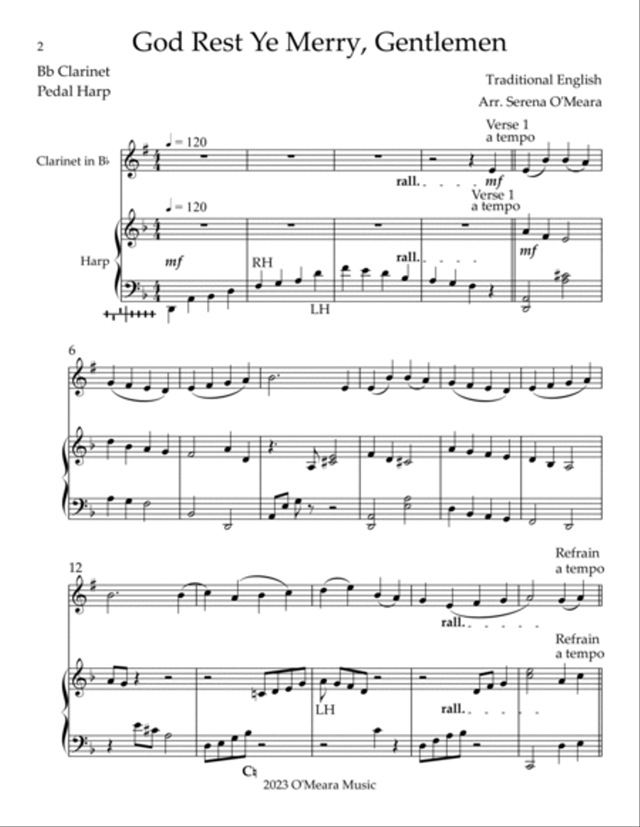 God Rest Ye Merry, Gentlemen, Duet for Bb Clarinet & Pedal Harp B-Flat Clarinet scores gallery preview page 2