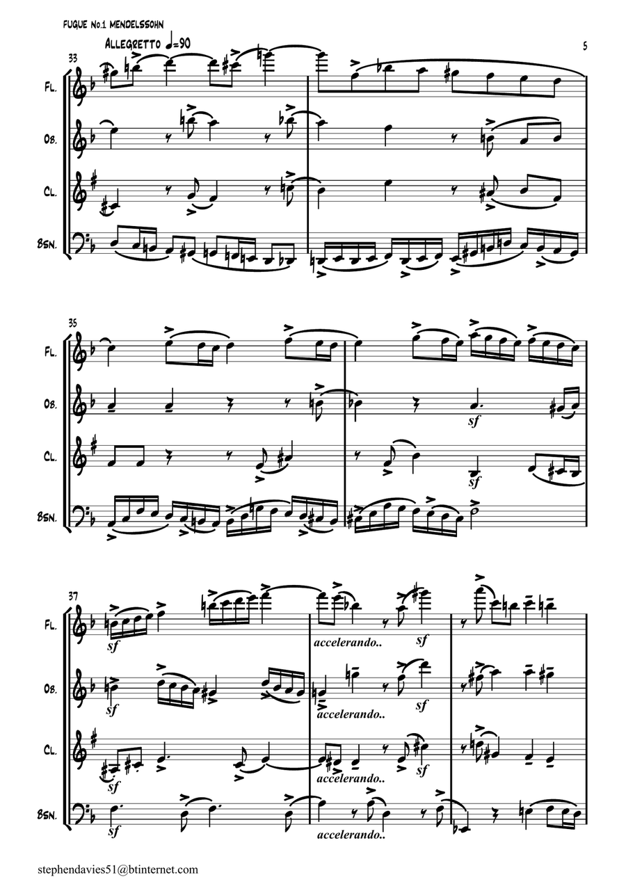 'Fugue No.1 From 6 Preludes & Fugues Op.35' by Felix Mendelssohn-Bartholdy for Woodwind Quartet. Woodwind Quartet scores gallery preview page 5