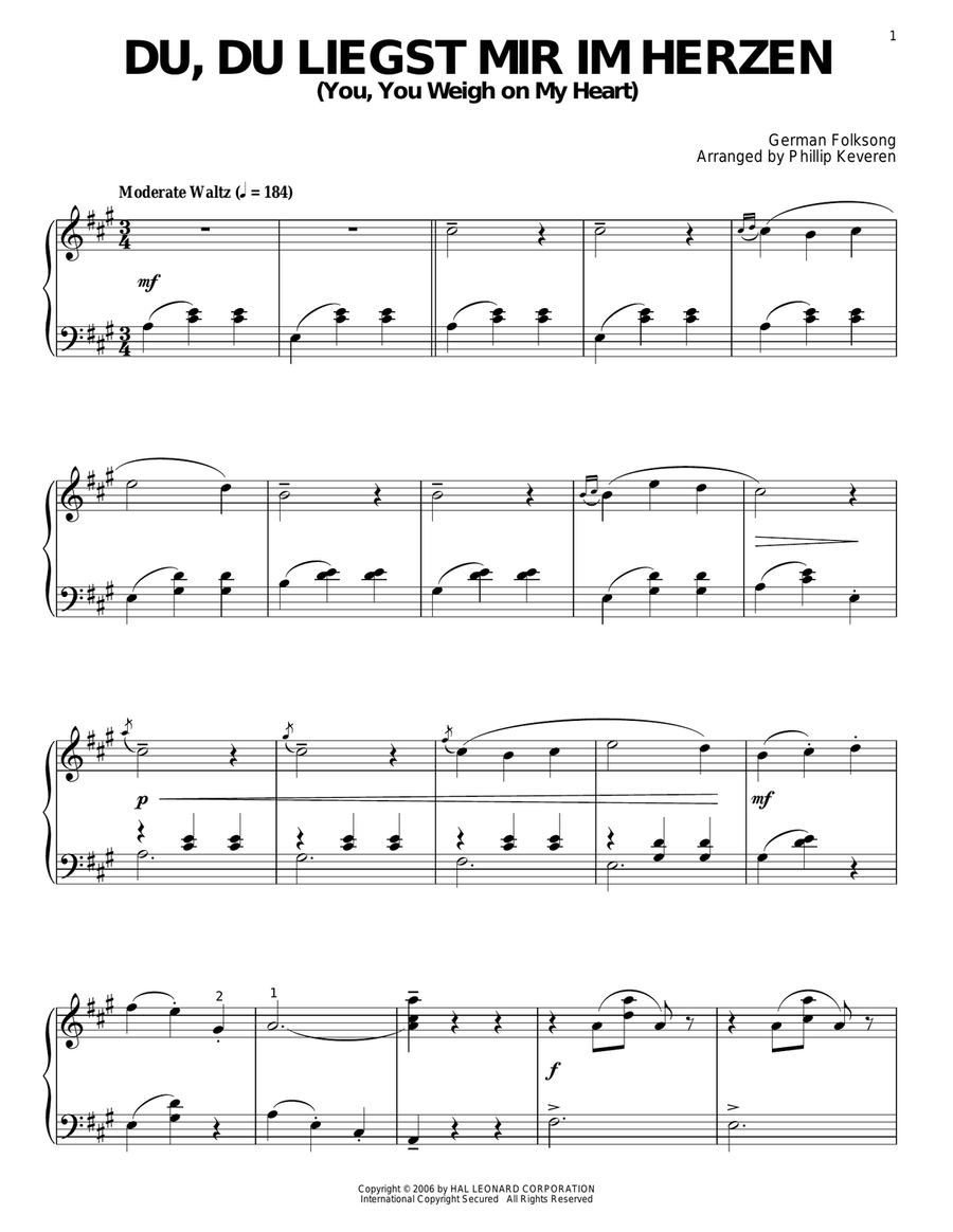 Du, Du Liegst Mir Im Herzen (You, You Weigh On My Heart) Piano Solo scores gallery preview page 1