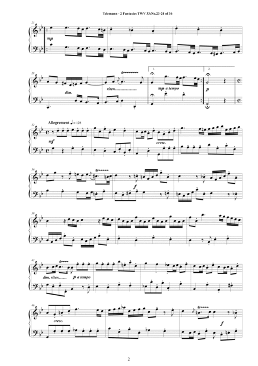 Telemann - 2 Fantasies in (G minor, B flat major) TWV 33 No.23-24 of 36 for Piano Piano Solo scores gallery preview page 2