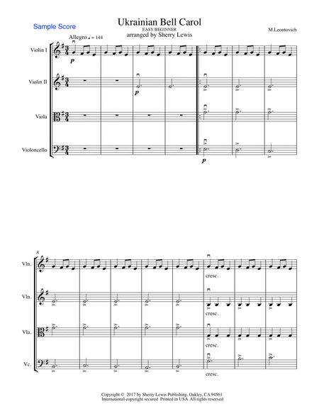 UKRAINIAN BELL CAROL (Carol of the Bells) String Quartet, Easy/Beginner image number null