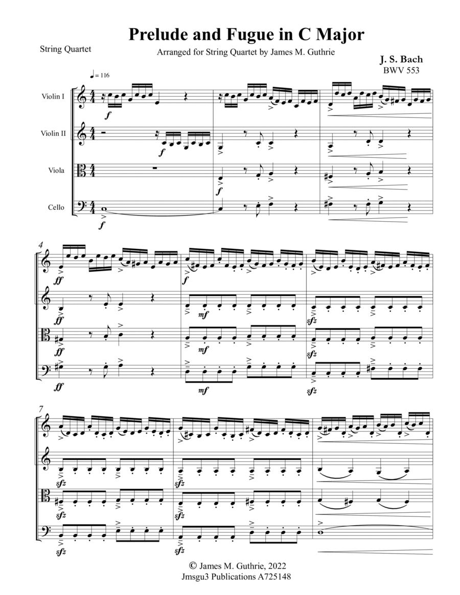 Bach: Prelude & Fugue in C Major BWV 553 for String Quartet String Quartet scores gallery preview page 1