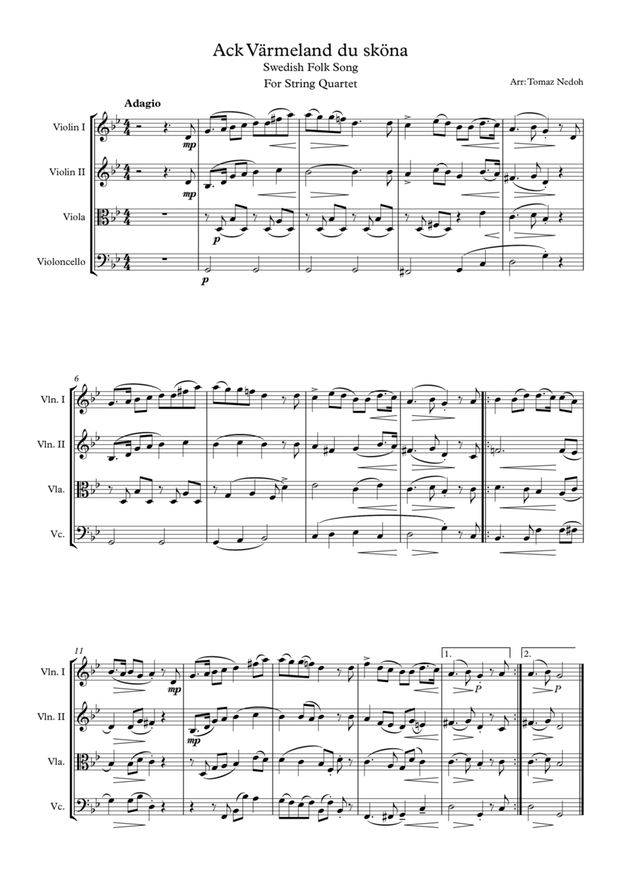 Ack Värmeland du sköna for String Quartet String Quartet scores gallery preview page 1