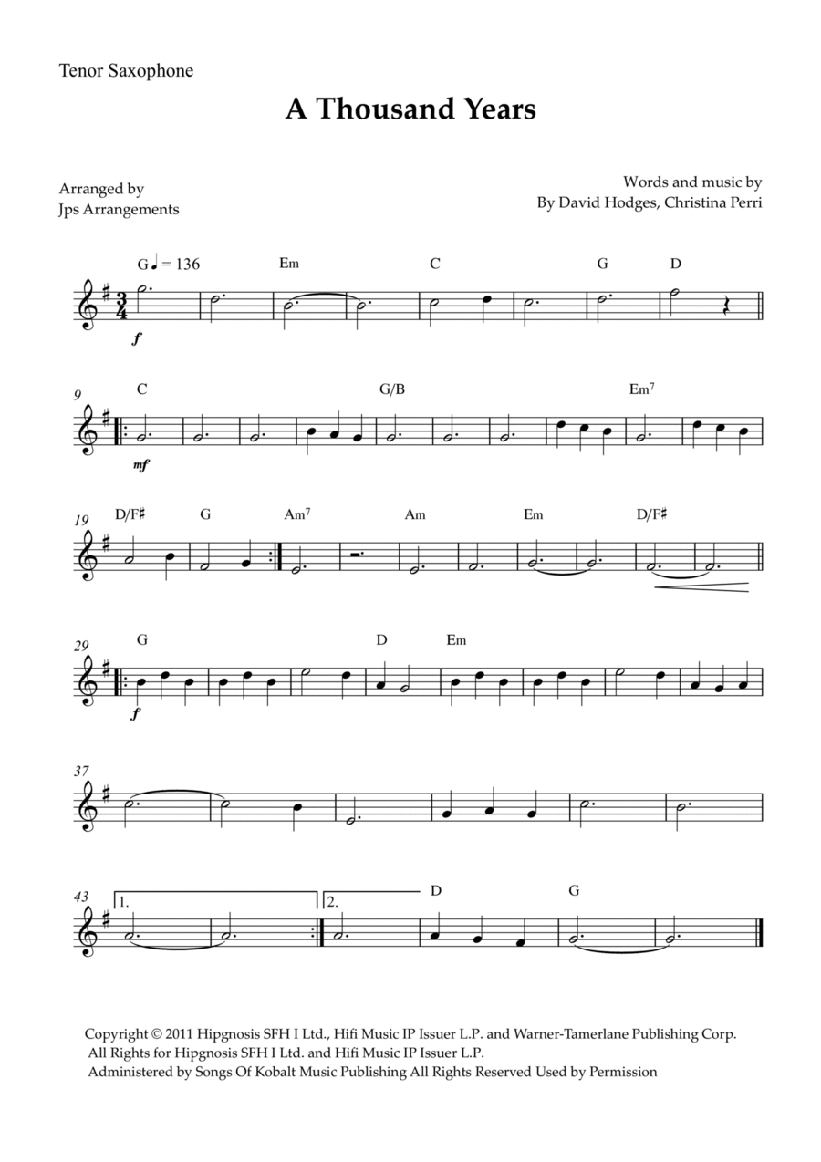 A Thousand Years Tenor Saxophone scores gallery preview page 1