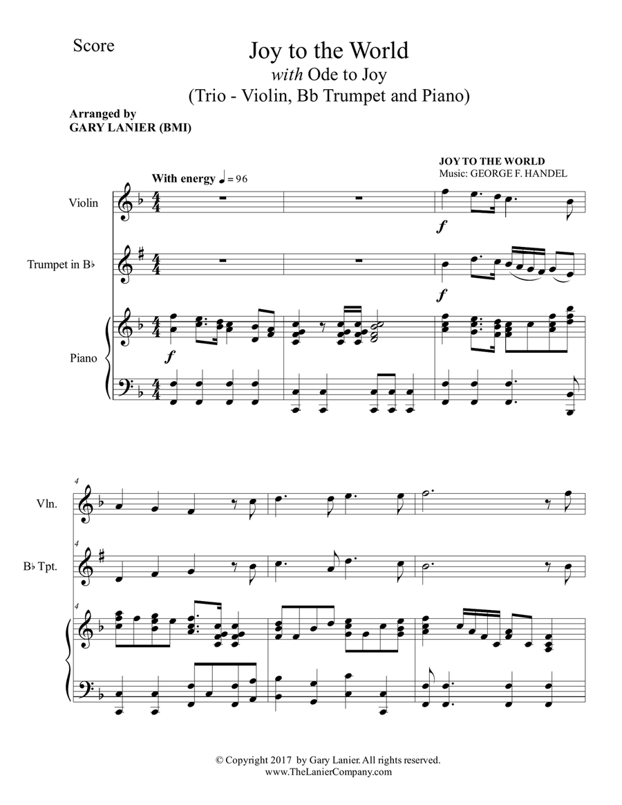 JOY TO THE WORLD with ODE TO JOY (Trio - Violin, Bb Trumpet with Piano & Score/Parts) B-Flat Trumpet scores gallery preview page 2