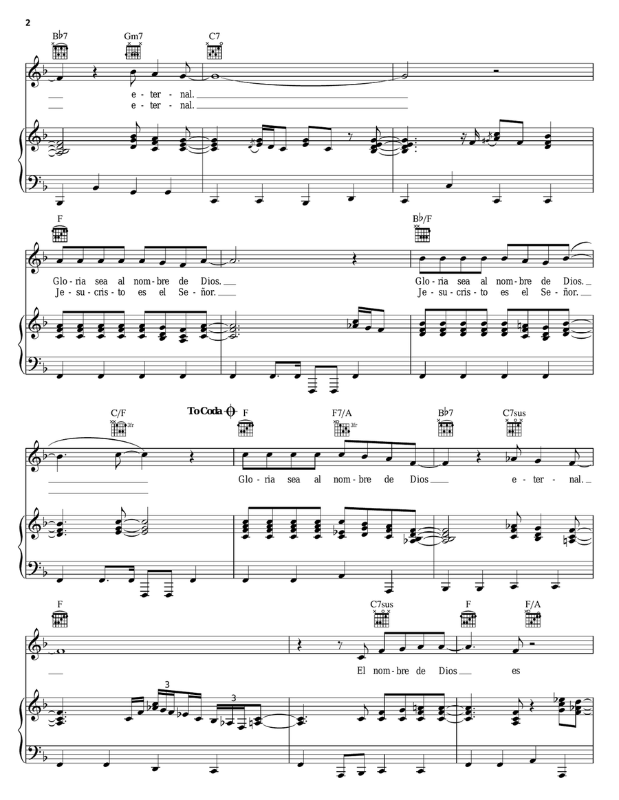 Gloria Sea Al Nombre De Dios (Blessed Be The Name Of The Lord) Piano, Vocal, Guitar scores gallery preview page 2