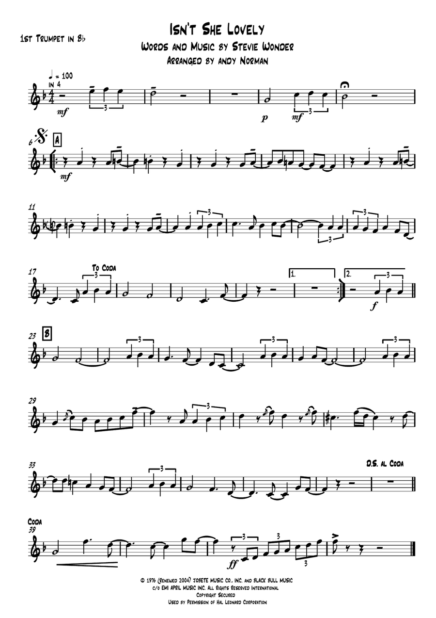 Isn't She Lovely Brass Ensemble scores gallery preview page 1