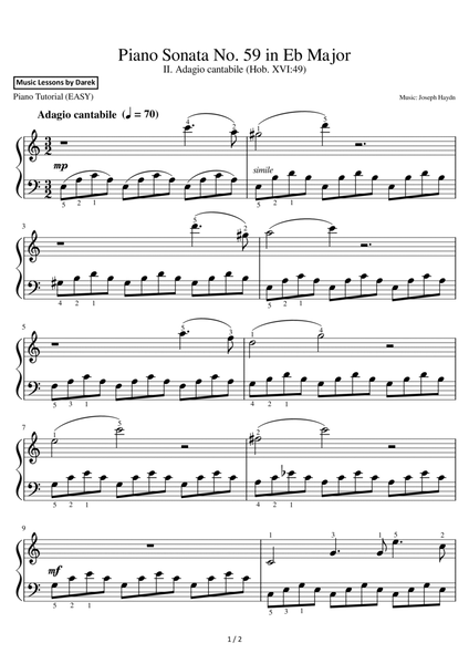 Piano Sonata No. 59 in Eb Major (EASY PIANO) II. Adagio cantabile (Hob. XVI:49) [Joseph Haydn] image number null