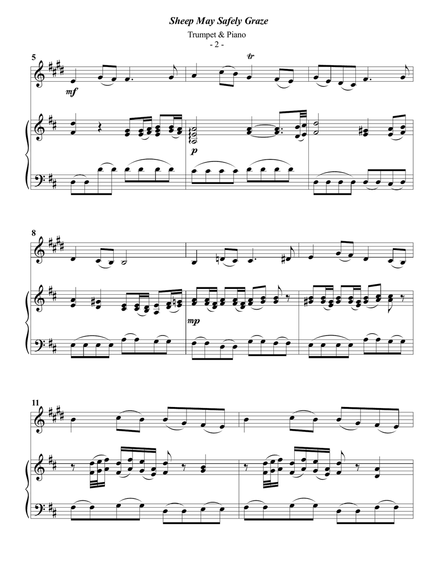 Bach: Sheep May Safely Graze for Trumpet & Piano B-Flat Trumpet scores gallery preview page 2