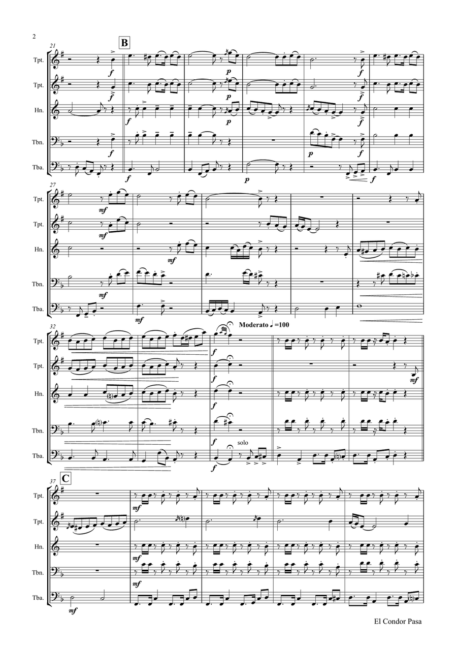 El Condor pasa - Peruvian Folk Song - Brass Quintet Brass Quintet scores gallery preview page 2