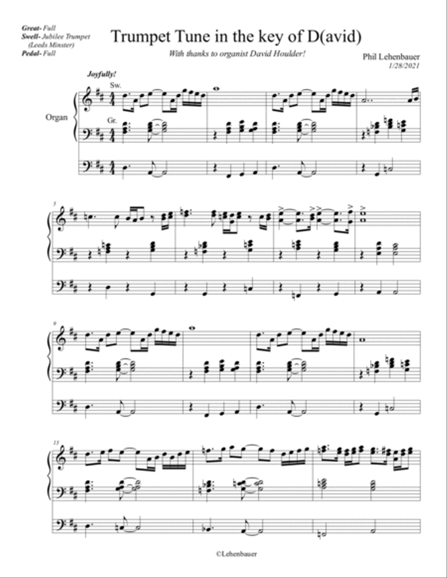 Trumpet Tune in the key of D(avid), organ work by Phil Lehenbauer Trumpet scores gallery preview page 2