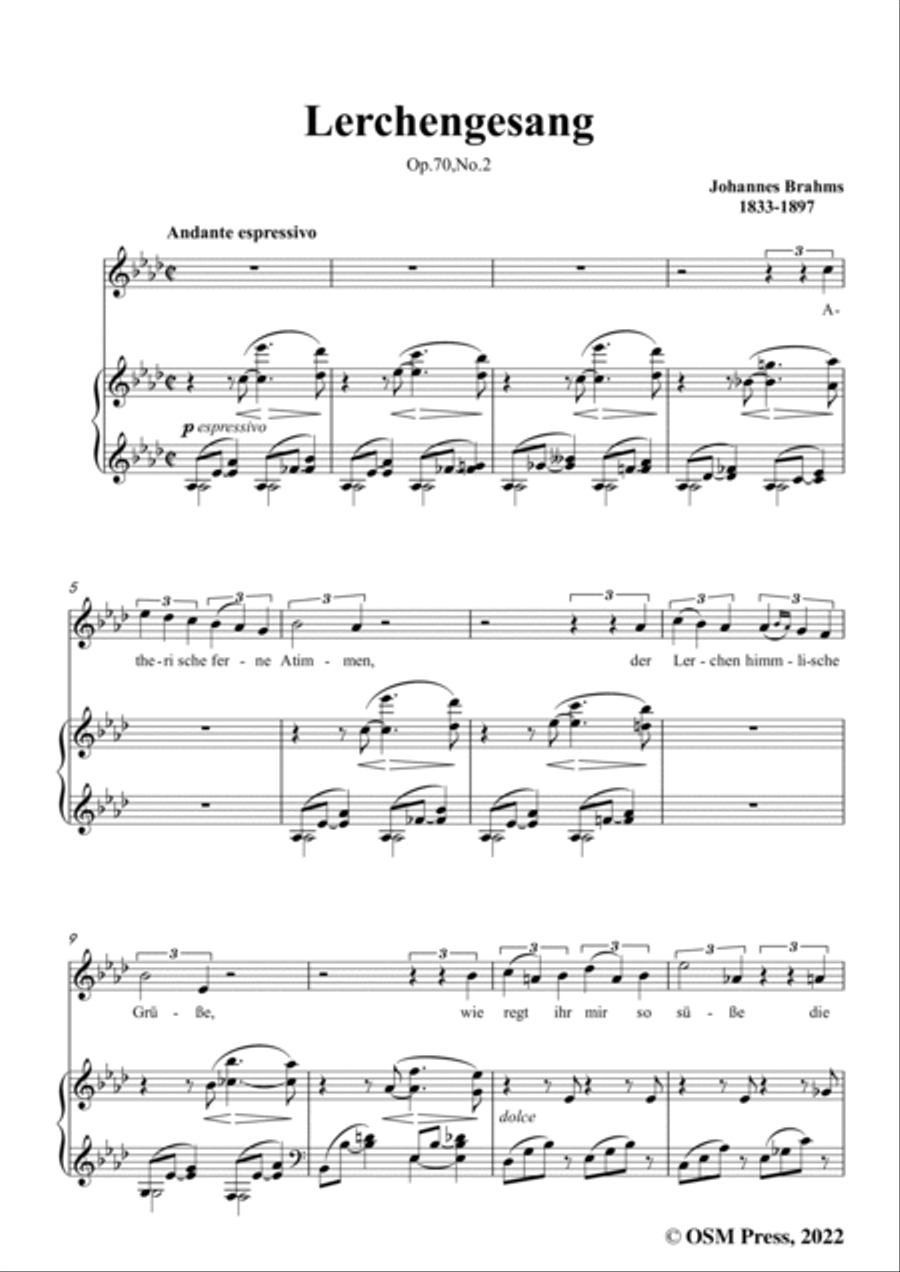 Brahms-Lerchengesang,Op.70 No.2 in A flat Major Voice scores gallery preview page 3