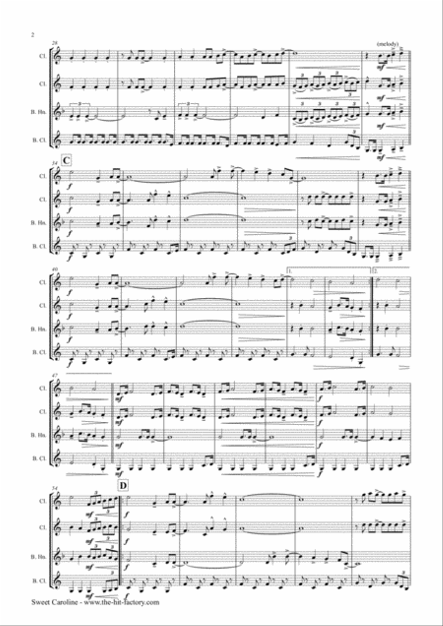 Sweet Caroline Clarinet Quartet scores gallery preview page 2