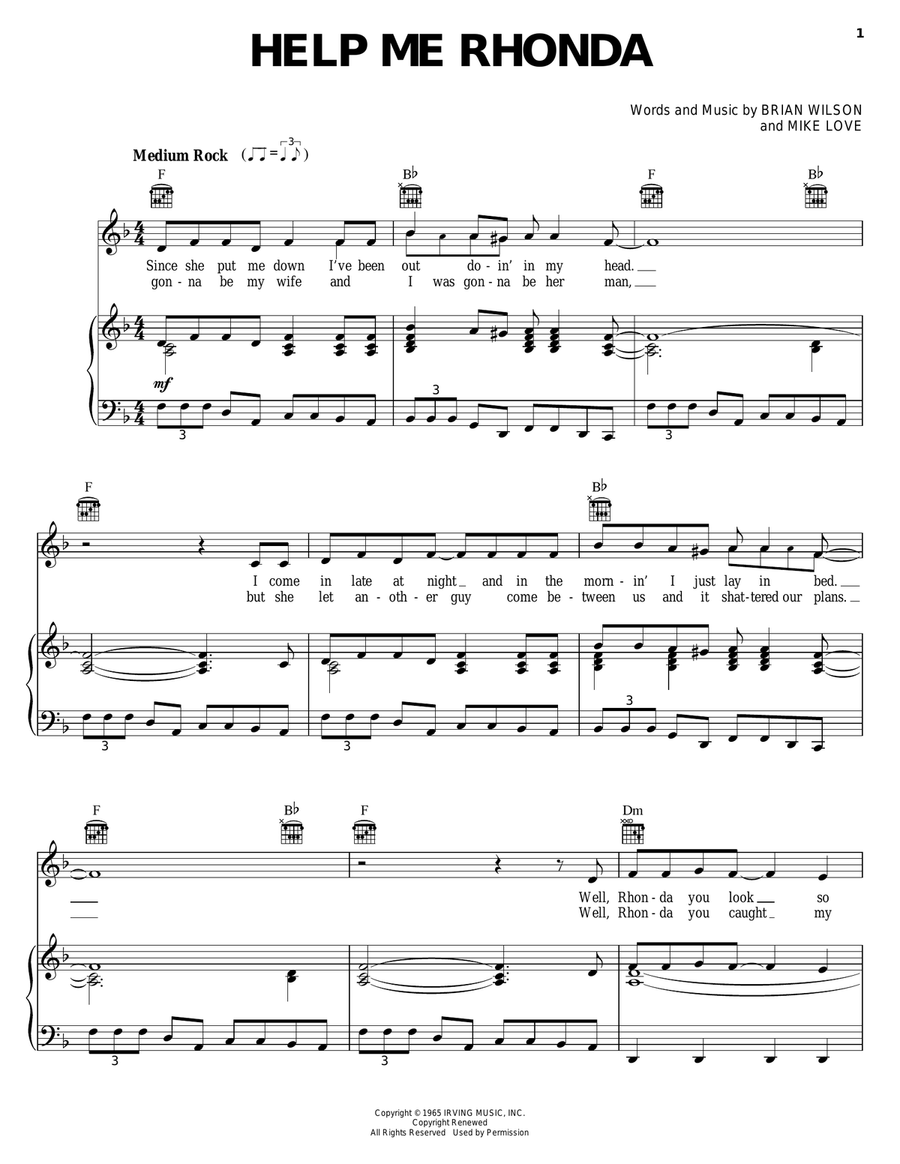 Help Me Rhonda Piano, Vocal, Guitar scores gallery preview page 1