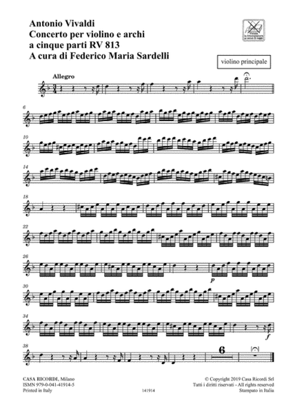 Concerto per Violino e Archi a Cinque Parti RV 813  Sheet Music