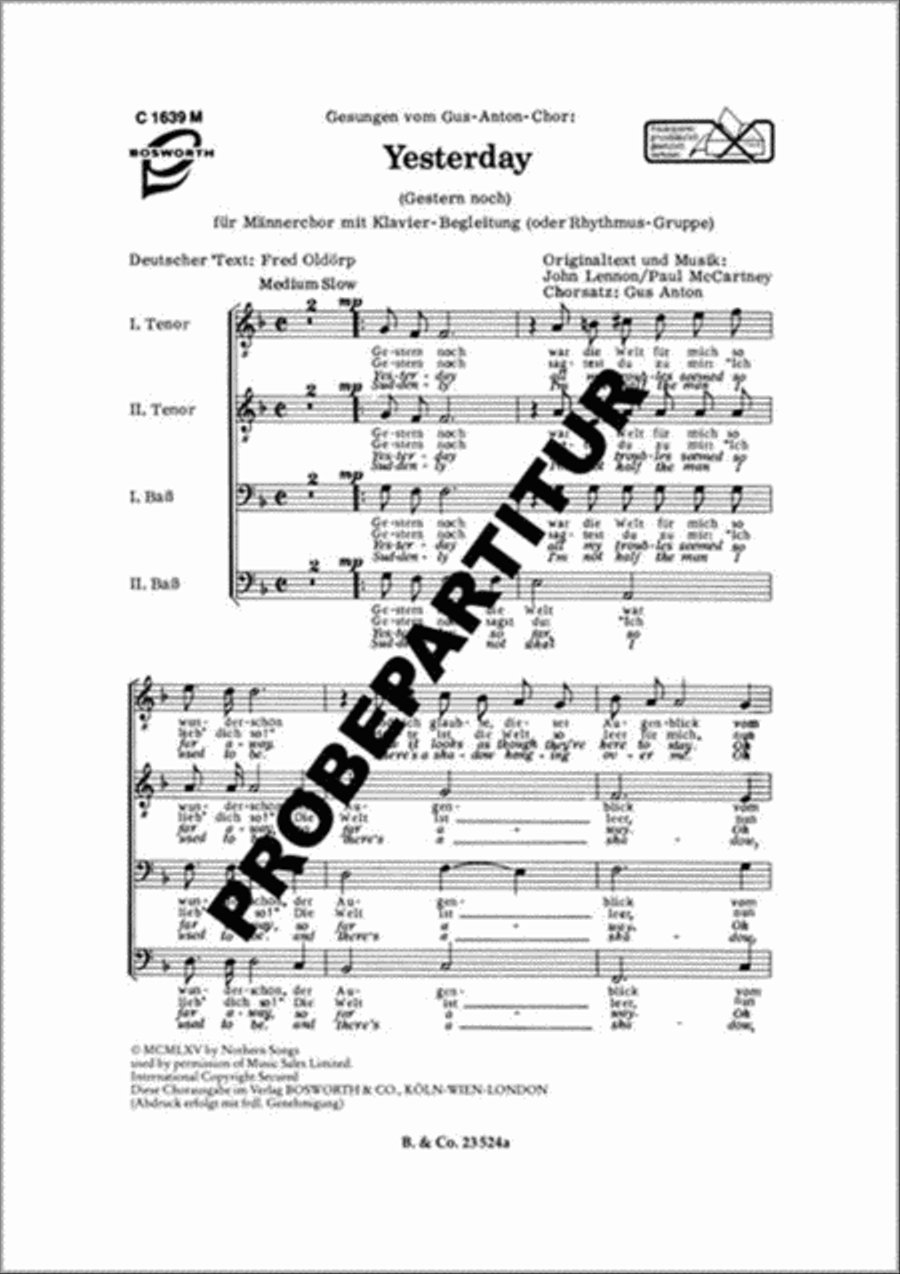Yesterday Yesterday Men's Choir scores gallery preview page 1